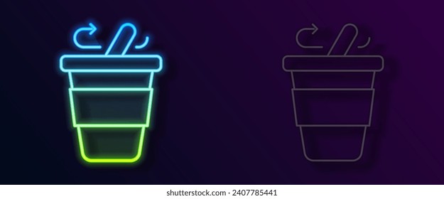Glowing neon line Coffee cup to go icon isolated on black background.  Vector