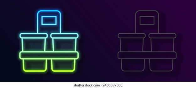 Glowing neon line Coffee cup to go icon isolated on black background.  Vector