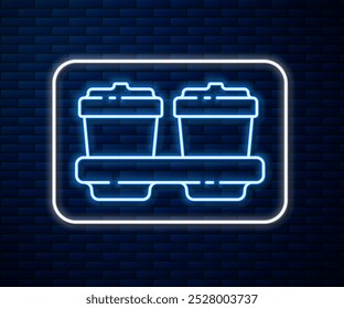 Glowing neon line Coffee cup to go icon isolated on brick wall background.  Vector Illustration
