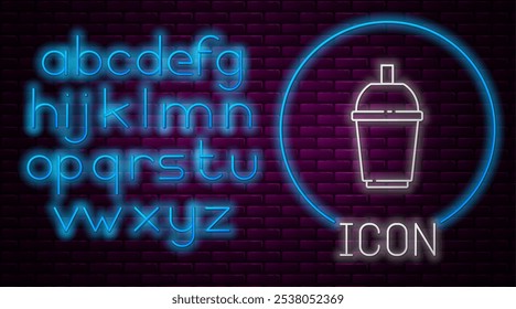 Glowing neon line Coffee cup to go icon isolated on brick wall background. Neon light alphabet. Vector