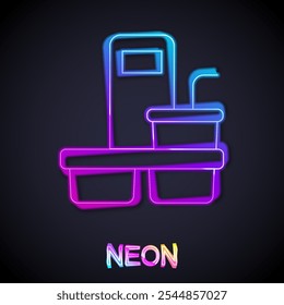 Glowing neon line Coffee cup to go icon isolated on black background.  Vector