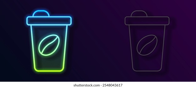 Glowing neon line Coffee cup to go icon isolated on black background.  Vector