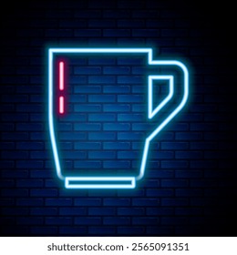 Glowing neon line Coffee cup icon isolated on brick wall background. Tea cup. Hot drink coffee. Colorful outline concept. Vector