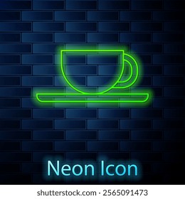 Glowing neon line Coffee cup icon isolated on brick wall background. Tea cup. Hot drink coffee.  Vector Illustration