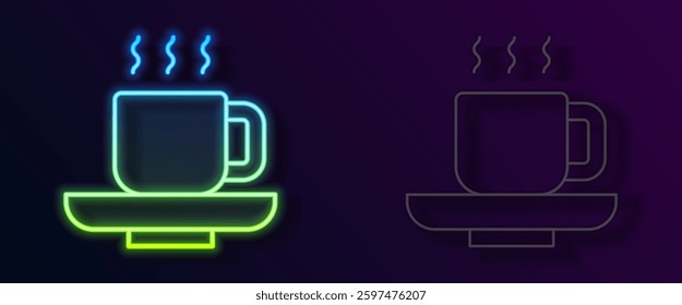 Glowing neon line Coffee cup icon isolated on black background. Tea cup. Hot drink coffee.  Vector