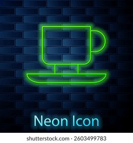 Glowing neon line Coffee cup icon isolated on brick wall background. Tea cup. Hot drink coffee.  Vector