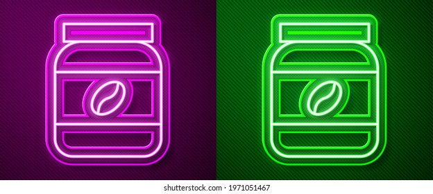 Glowing neon line Coffee jar bottle icon isolated on purple and green background.  Vector Illustration
