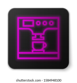 Glowing neon line Coffee machine and coffee cup icon isolated on white background. Black square button. Vector Illustration