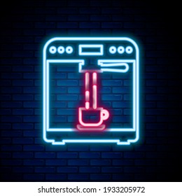 Glowing neon line Coffee machine and coffee cup icon isolated on brick wall background. Colorful outline concept. Vector