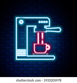 Glowing neon line Coffee machine and coffee cup icon isolated on brick wall background. Colorful outline concept. Vector