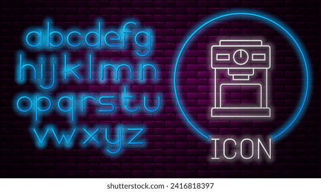 Línea de neón brillante Icono de máquina de café aislado en el fondo de la pared de ladrillo. Alfabeto de neón claro. Vector