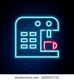 Glowing neon line Coffee machine icon isolated on brick wall background. Colorful outline concept. Vector
