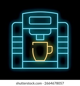 Ícone luminoso da máquina de café da linha neon isolado em um fundo preto