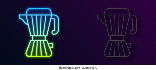 Glowing neon line Coffee maker moca pot icon isolated on black background.  Vector