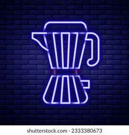 Glowing neon line Coffee maker moca pot icon isolated on brick wall background. Colorful outline concept. Vector