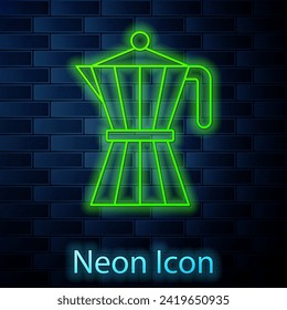 Glowing neon line Coffee maker moca pot icon isolated on brick wall background.  Vector