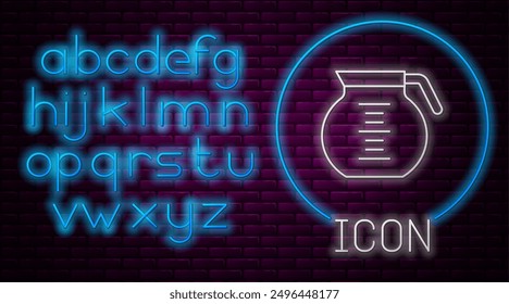 Glowing neon line Coffee pot icon isolated on brick wall background. Neon light alphabet. Vector