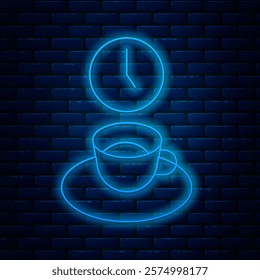 Glowing neon line Coffee time icon isolated on brick wall background.  Vector