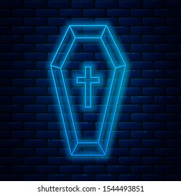 Glowing neon line Coffin with christian cross icon isolated on brick wall background. Happy Halloween party.  Vector Illustration