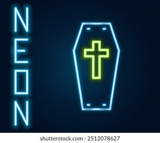 Glowing neon line Coffin with christian cross icon isolated on black background. Happy Halloween party. Colorful outline concept. Vector