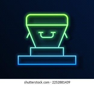 Glowing neon line Coffin icon isolated on blue background. Funeral ceremony.  Vector