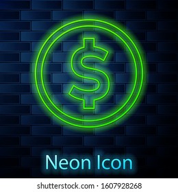 Glowing neon line Coin money with dollar symbol icon isolated on brick wall background. Banking currency sign. Cash symbol.  Vector Illustration