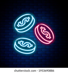 Glowing neon line Coin money with dollar symbol icon isolated on brick wall background. Banking currency sign. Cash symbol. Colorful outline concept. Vector