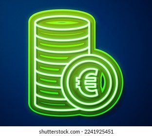 Glowing neon line Coin money with euro symbol icon isolated on blue background. Banking currency sign. Cash symbol.  Vector