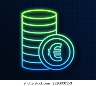 Glowing neon line Coin money with euro symbol icon isolated on blue background. Banking currency sign. Cash symbol.  Vector