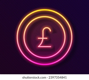Glowing neon line Coin money with pound sterling symbol icon isolated on black background. Banking currency sign. Cash symbol.  Vector
