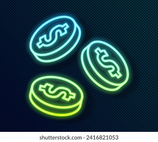 Glowing neon line Coin money with dollar symbol icon isolated on black background. Banking currency sign. Cash symbol.  Vector