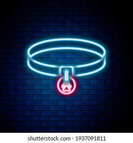 Glowing neon line Collar with name tag icon isolated on brick wall background. Supplies for domestic animal. Dog or cat paw print. Cat and dog care. Pet chains. Colorful outline concept. Vector