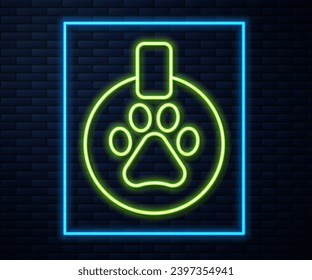 Glowing neon line Collar with name tag icon isolated on brick wall background. Supplies for domestic animal. Dog or cat paw print. Cat and dog care. Pet chains.  Vector