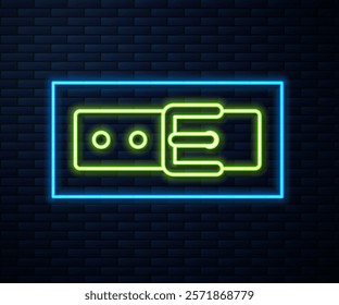 Glowing neon line Collar with name tag icon isolated on brick wall background. Simple supplies for domestic animal. Cat and dog care. Pet chains.  Vector