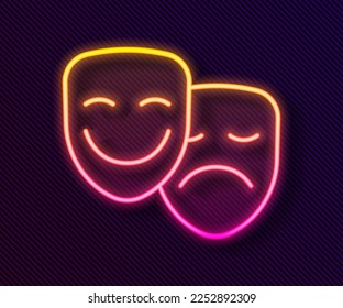 Glowing neon line Comedy and tragedy theatrical masks icon isolated on black background.  Vector