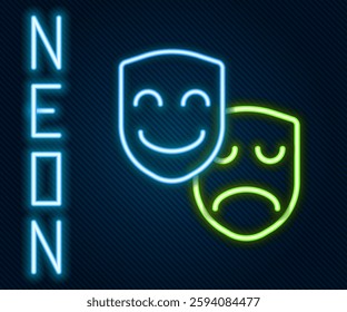 Glowing neon line Comedy and tragedy theatrical masks icon isolated on black background. Colorful outline concept. Vector