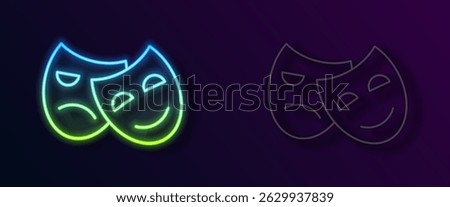 Glowing neon line Comedy and tragedy theatrical masks icon isolated on black background.  Vector