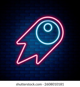 Glowing neon line Comet falling down fast icon isolated on brick wall background. Colorful outline concept. Vector