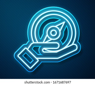 Glowing neon line Compass icon isolated on blue background. Windrose navigation symbol. Wind rose sign.  Vector Illustration