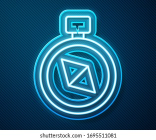 Glowing neon line Compass icon isolated on blue background. Windrose navigation symbol. Wind rose sign.  Vector Illustration