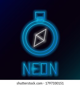 Icono de brújula de neón brillante aislado en fondo negro. Símbolo de navegación de Windrose. Signo de rosa eólica. Concepto de esquema colorido. Vector