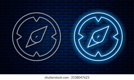 Glowing neon line Compass icon isolated on brick wall background. Windrose navigation symbol. Wind rose sign.  Vector