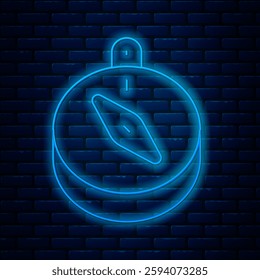 Glowing neon line Compass icon isolated on brick wall background. Windrose navigation symbol. Wind rose sign.  Vector