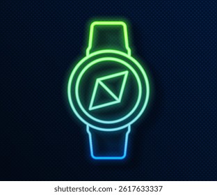 Glowing neon line Compass icon isolated on blue background. Windrose navigation symbol. Wind rose sign.  Vector