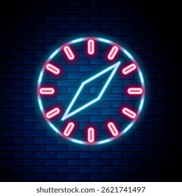 Glühende Neonlinie Kompass Symbol einzeln auf Ziegelsteinwand Hintergrund. Windrose-Navigationssymbol. Windrose-Schild. Farbiges Umrisskonzept Vektorgrafik