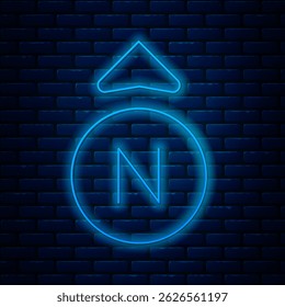 Glowing neon line Compass icon isolated on brick wall background. Windrose navigation symbol. Wind rose sign.  Vector