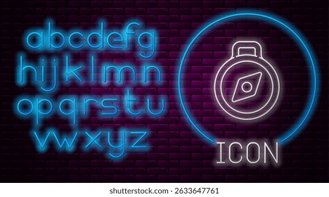 Glowing neon line Compass icon isolated on brick wall background. Windrose navigation symbol. Wind rose sign. Neon light alphabet. Vector Illustration