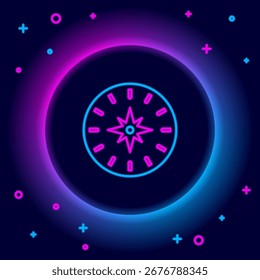 Icono de brújula de línea de neón brillante aislado sobre fondo negro. Símbolo de navegación de Windrose. Signo de la rosa del viento. Concepto de contorno colorido. Vector