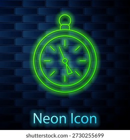 Glowing neon line Compass icon isolated on brick wall background. Windrose navigation symbol. Wind rose sign.  Vector Illustration