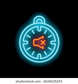 Glowing neon line compass with sound mute icon isolated on black background. Vector illustration